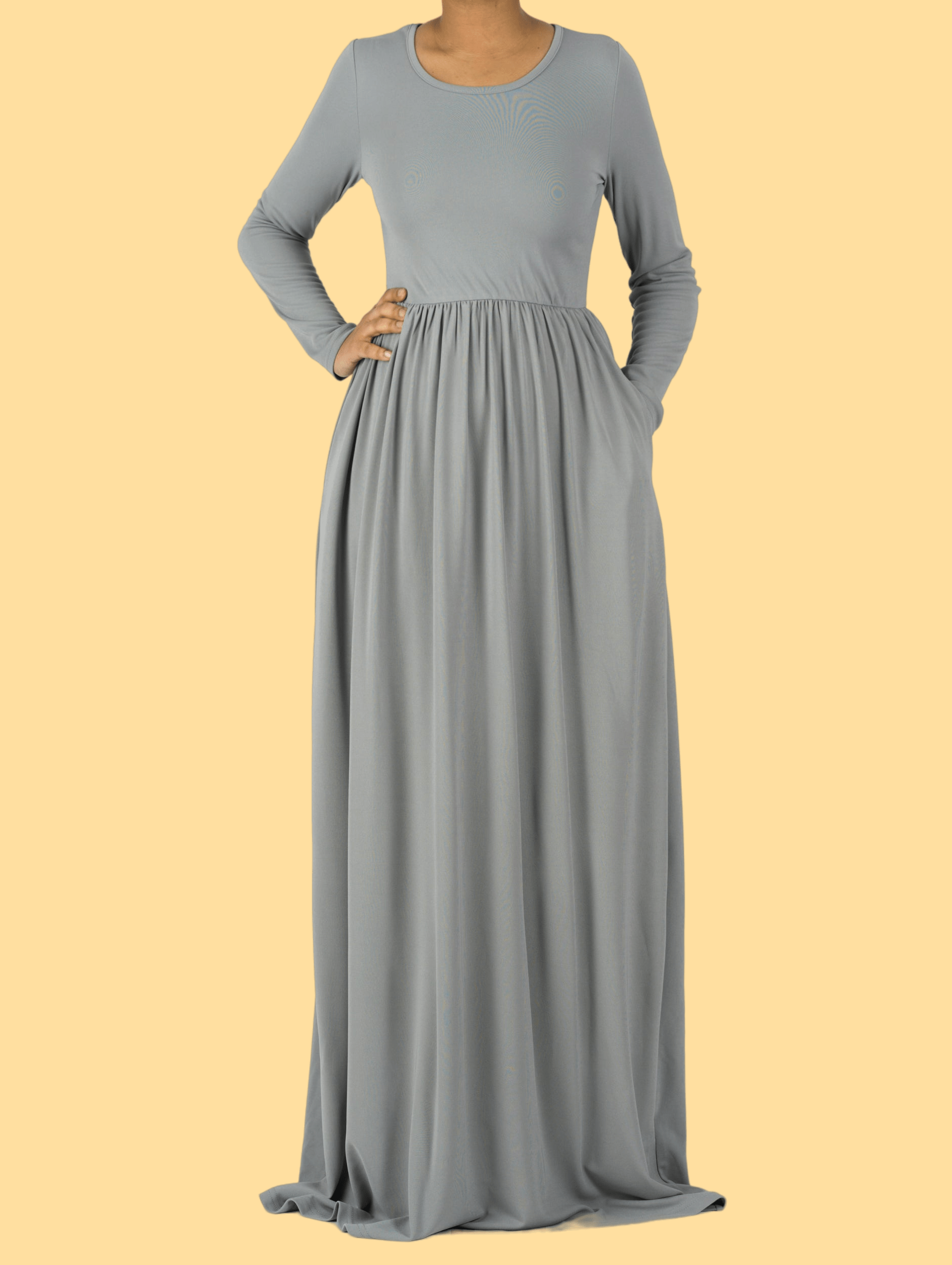 Light Grey Silky Modest Maxi Dress for Women — Elastic Waist - gallery