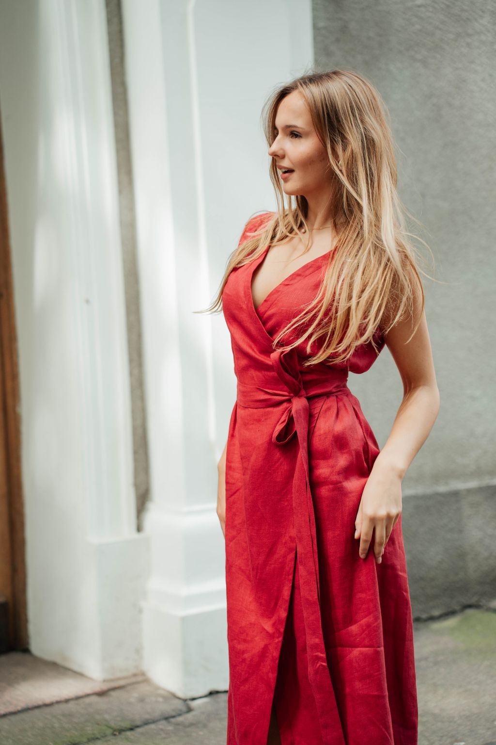 Garnet Linen Wrap Midi Dress for Women — Rich Warm Tones - gallery
