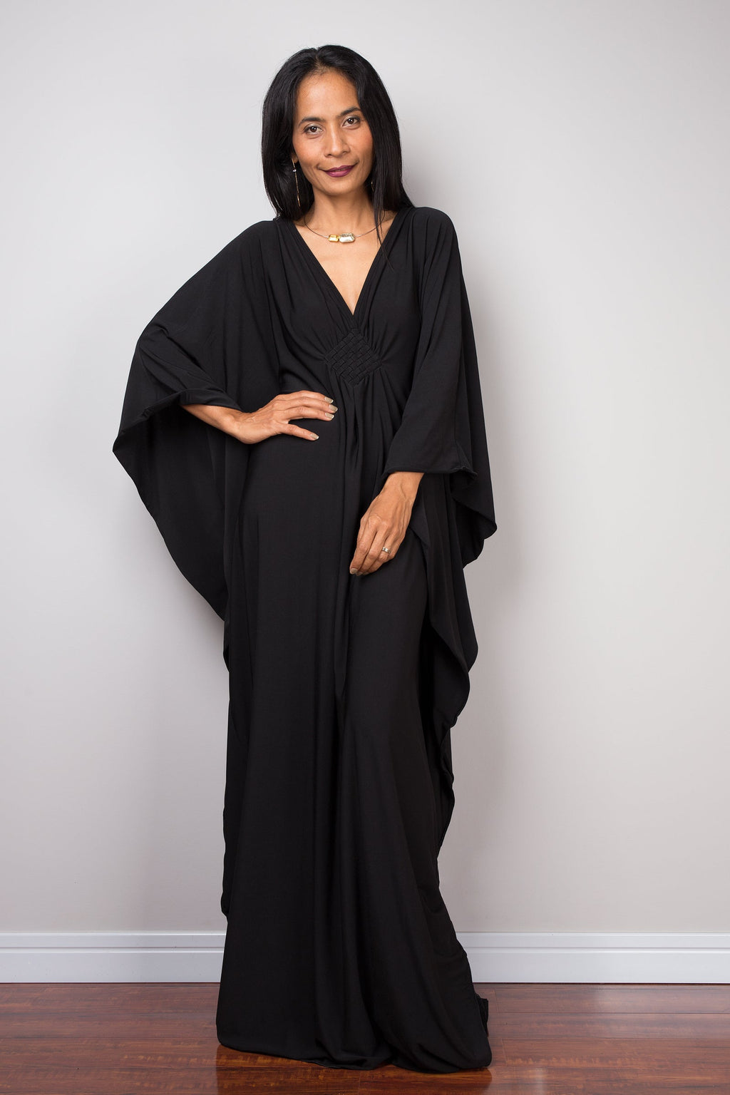 Butterfly-Sleeve Black Kaftan Dress for Women — Maxi Length