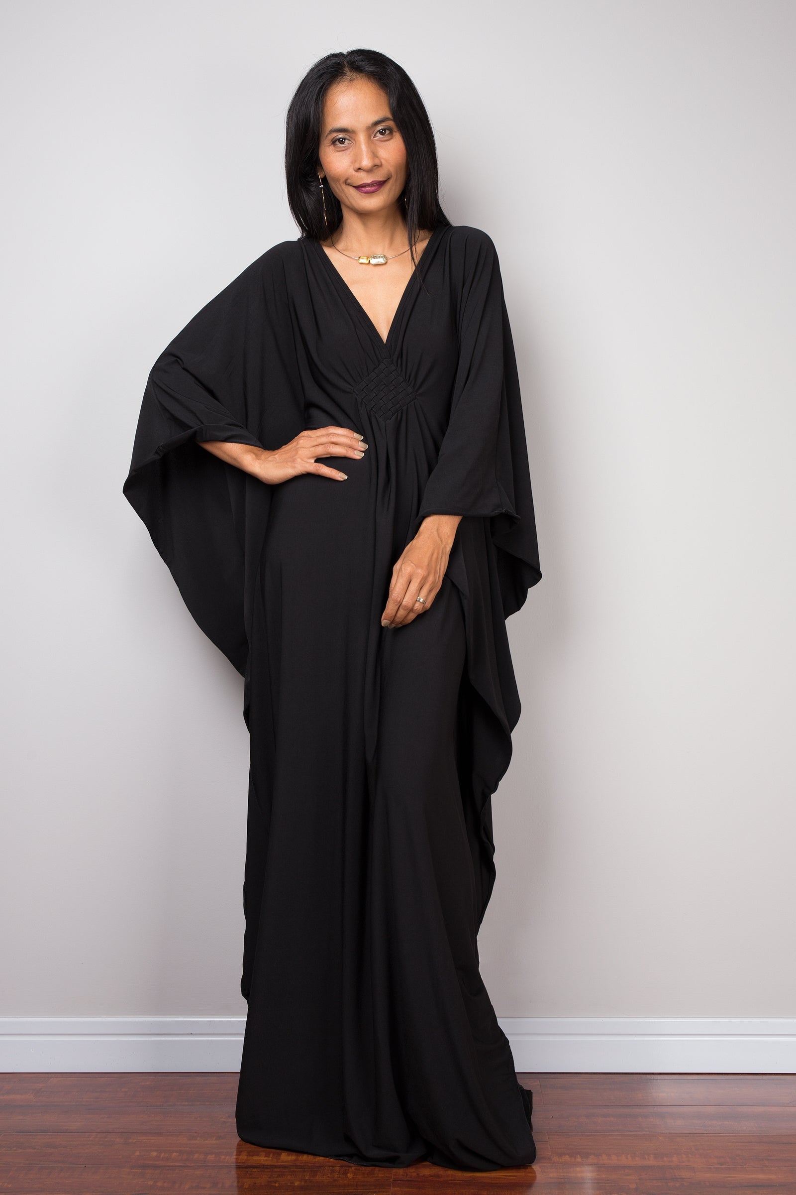 Butterfly-Sleeve Black Kaftan Dress for Women — Maxi Length
