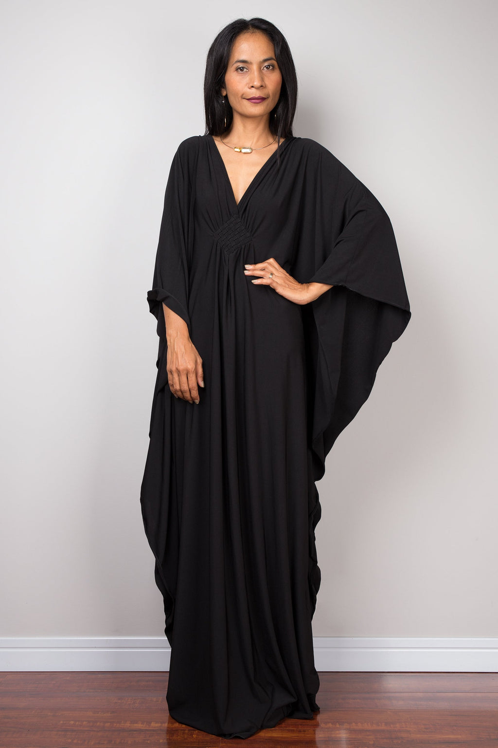 Butterfly-Sleeve Black Kaftan Dress for Women — Maxi Length - gallery