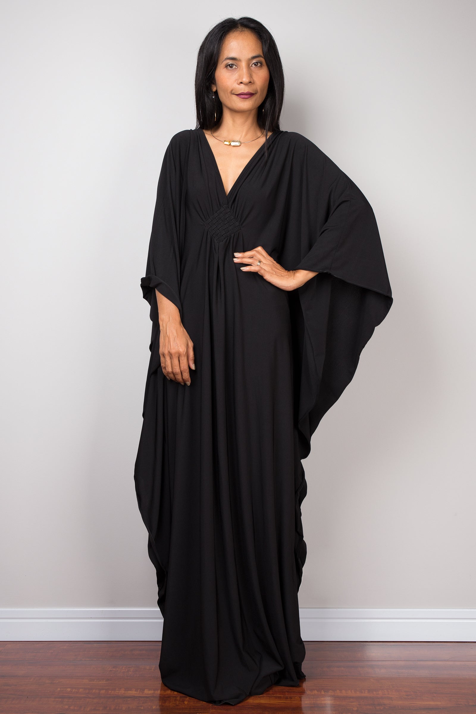 Butterfly-Sleeve Black Kaftan Dress for Women — Maxi Length - gallery
