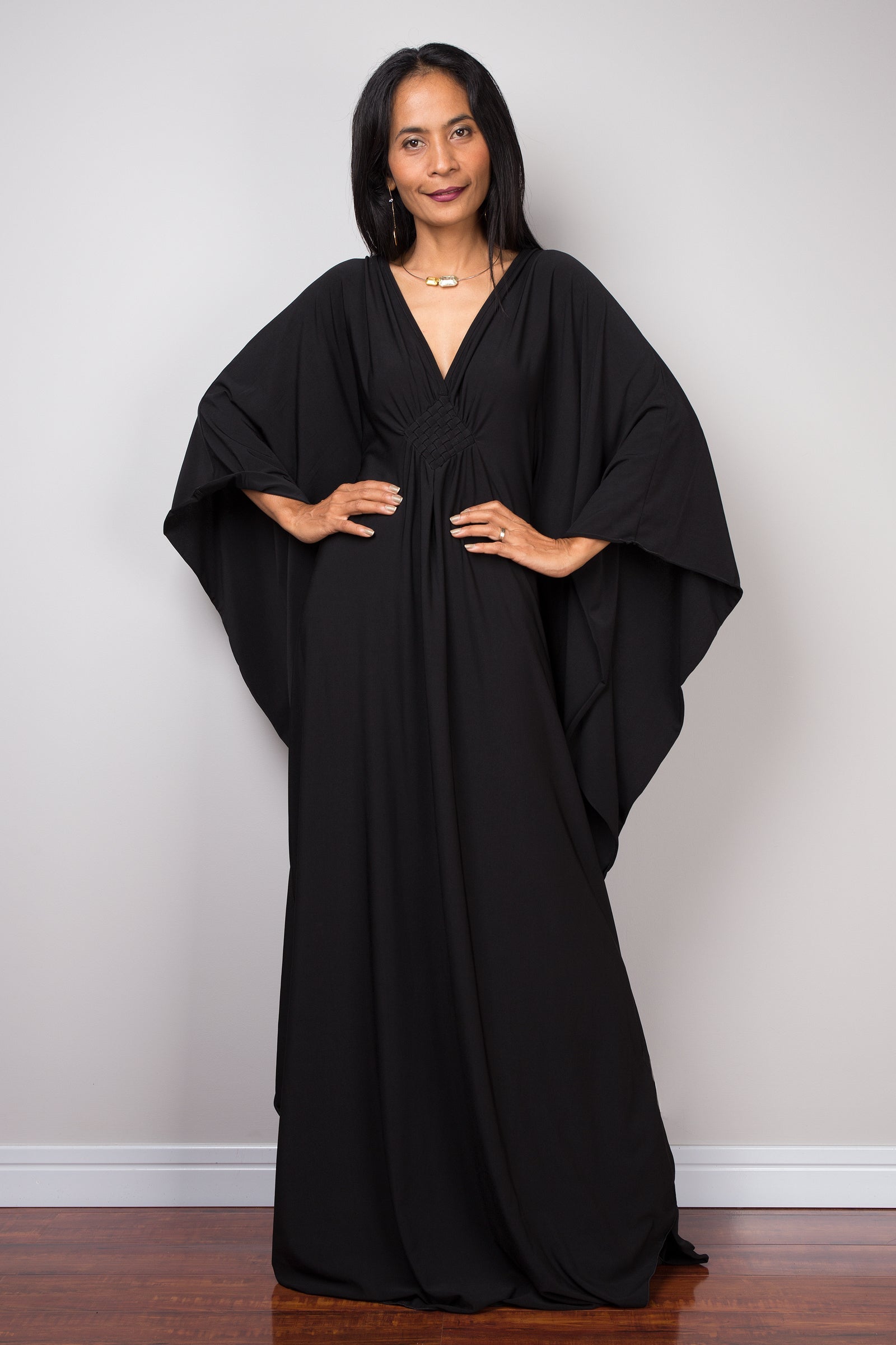 Butterfly-Sleeve Black Kaftan Dress for Women — Maxi Length - gallery