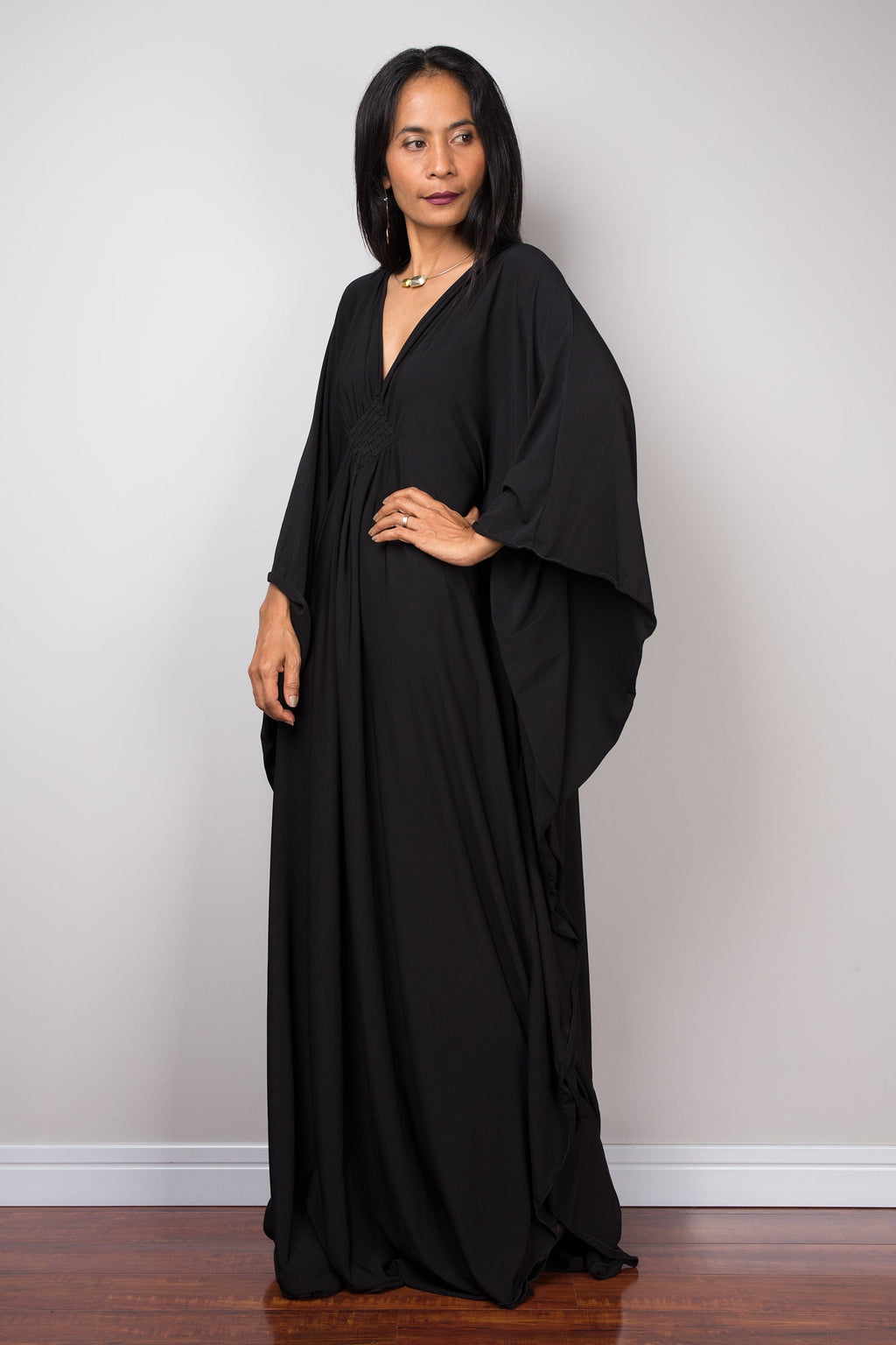 Butterfly-Sleeve Black Kaftan Dress for Women — Maxi Length - gallery