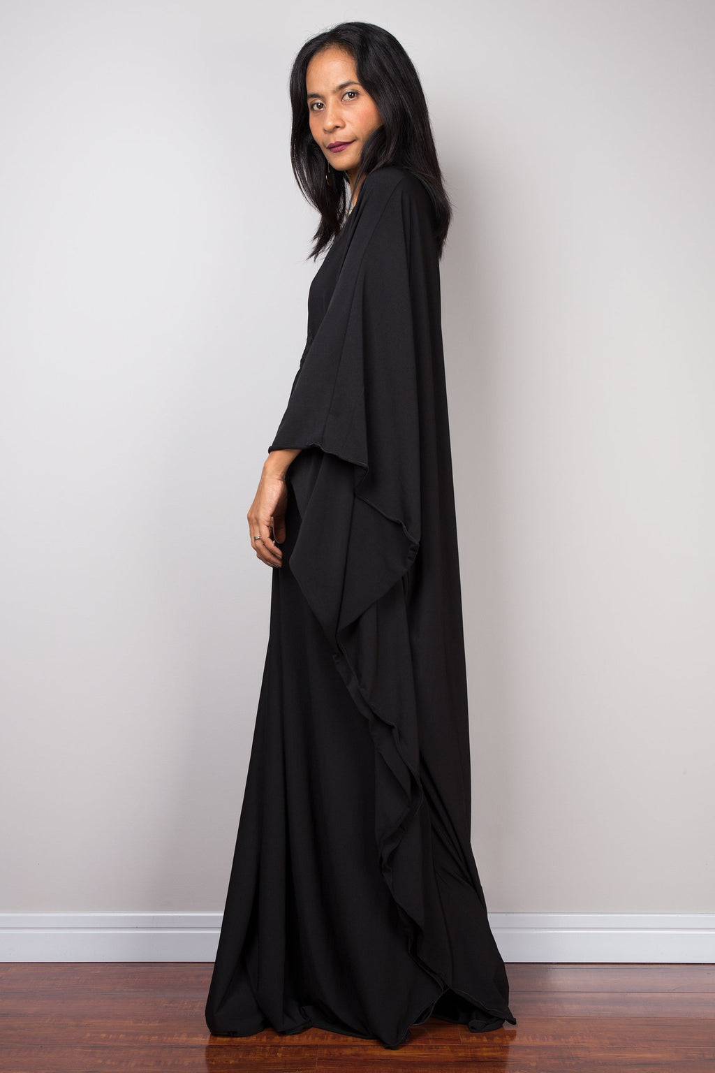 Butterfly-Sleeve Black Kaftan Dress for Women — Maxi Length - gallery