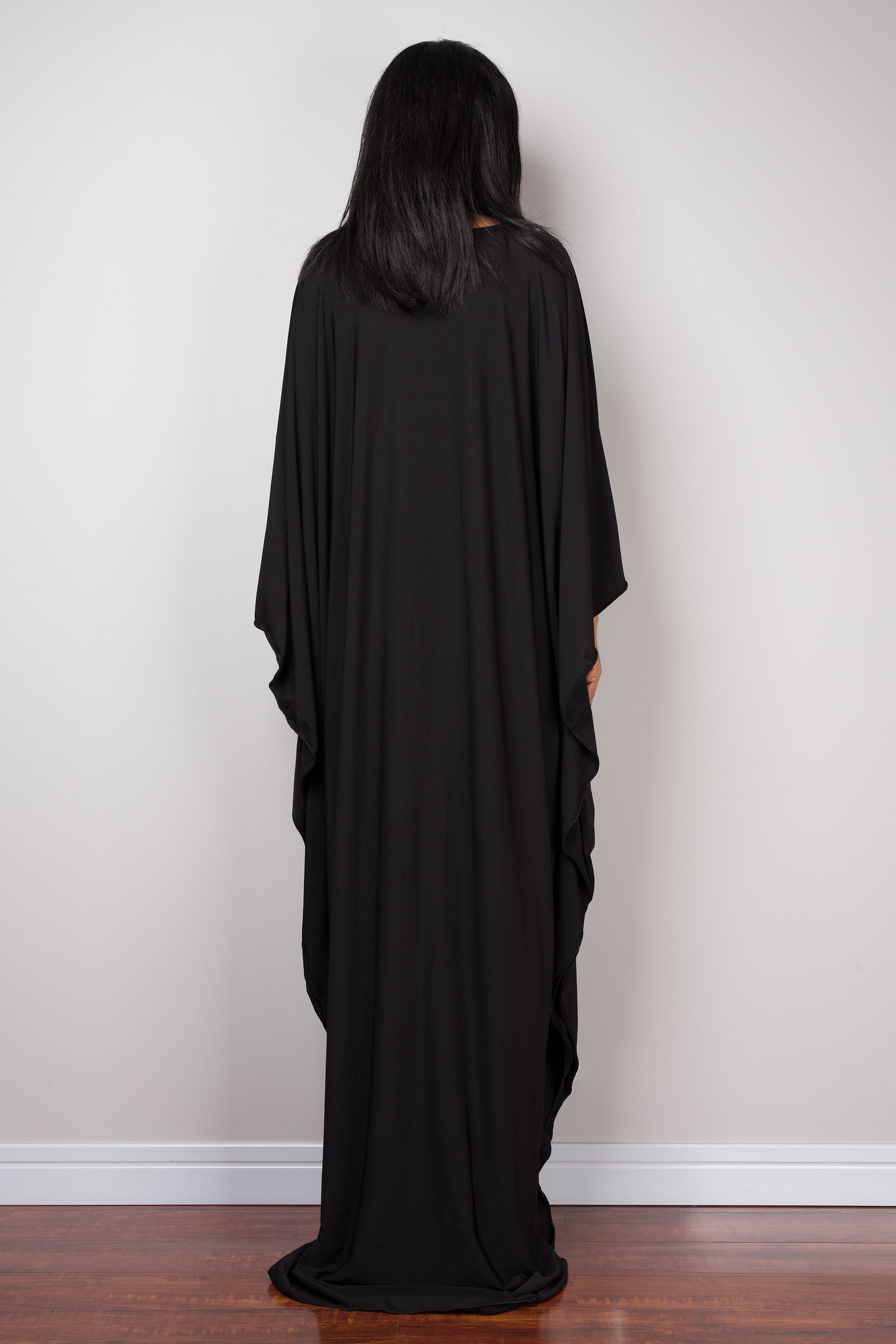 Butterfly-Sleeve Black Kaftan Dress for Women — Maxi Length - gallery