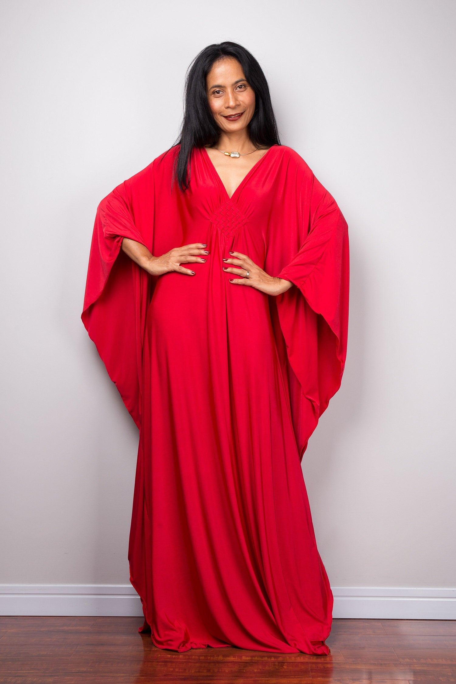 Red Kaftan Maxi Dress for Women — Butterfly Sleeves Braided Detail