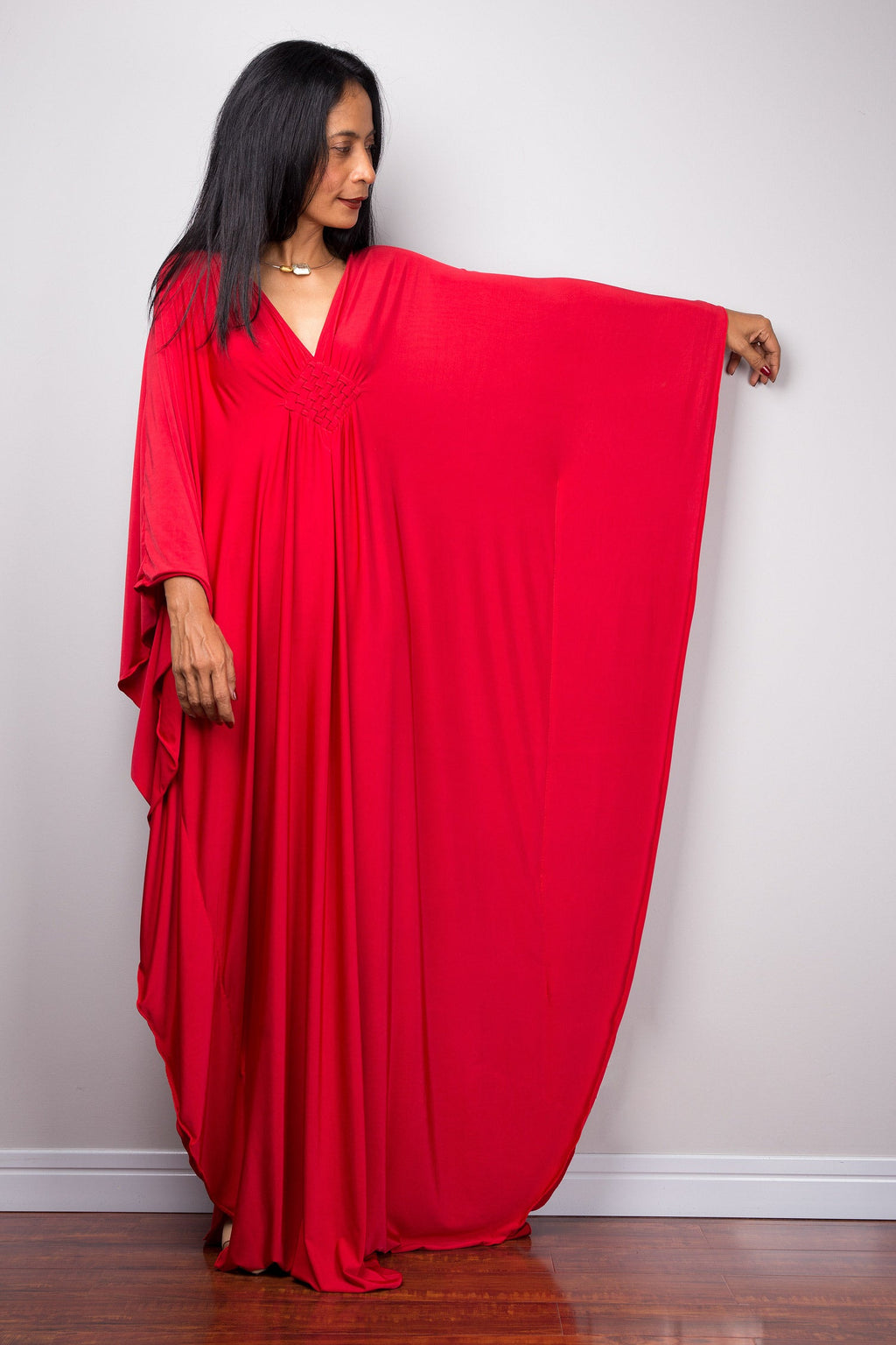 Red Kaftan Maxi Dress for Women — Butterfly Sleeves Braided Detail - gallery