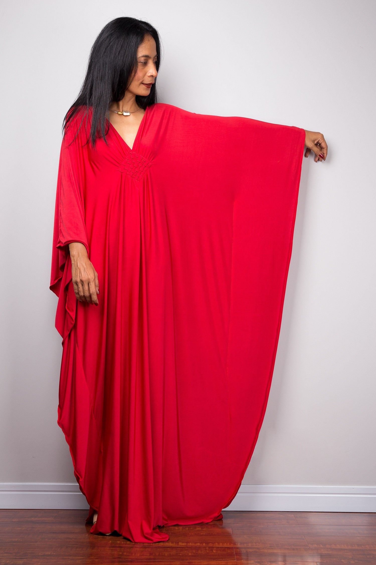 Red Kaftan Maxi Dress for Women — Butterfly Sleeves Braided Detail - gallery