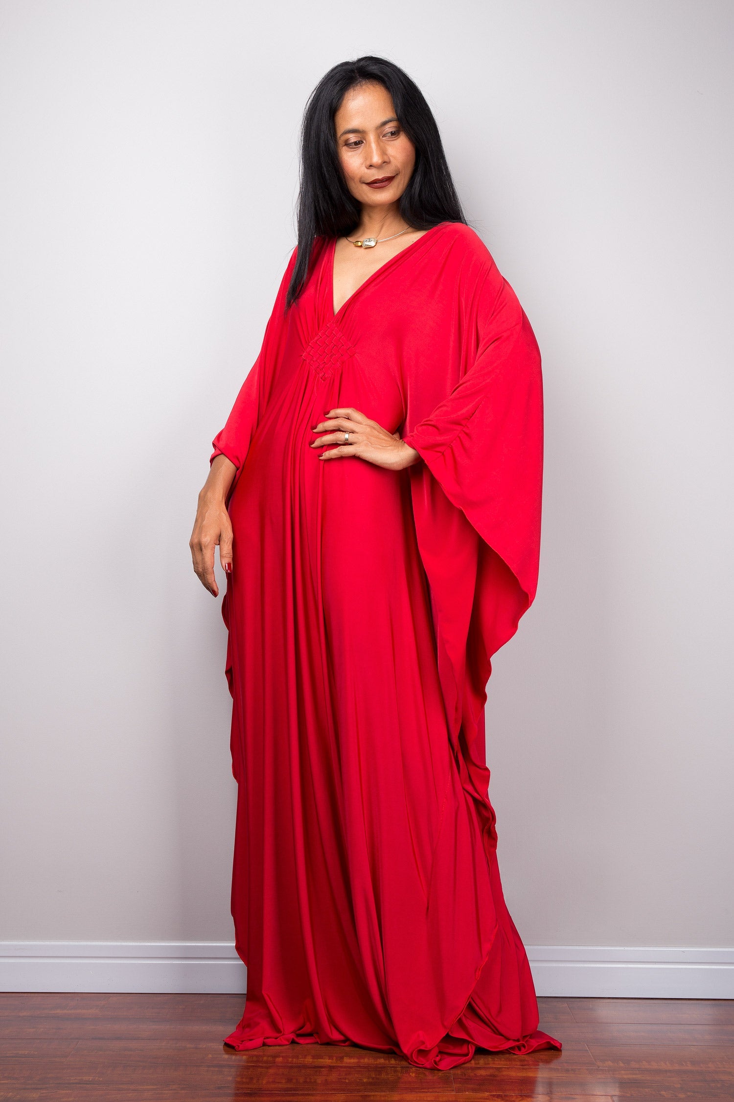 Red Kaftan Maxi Dress for Women — Butterfly Sleeves Braided Detail - gallery