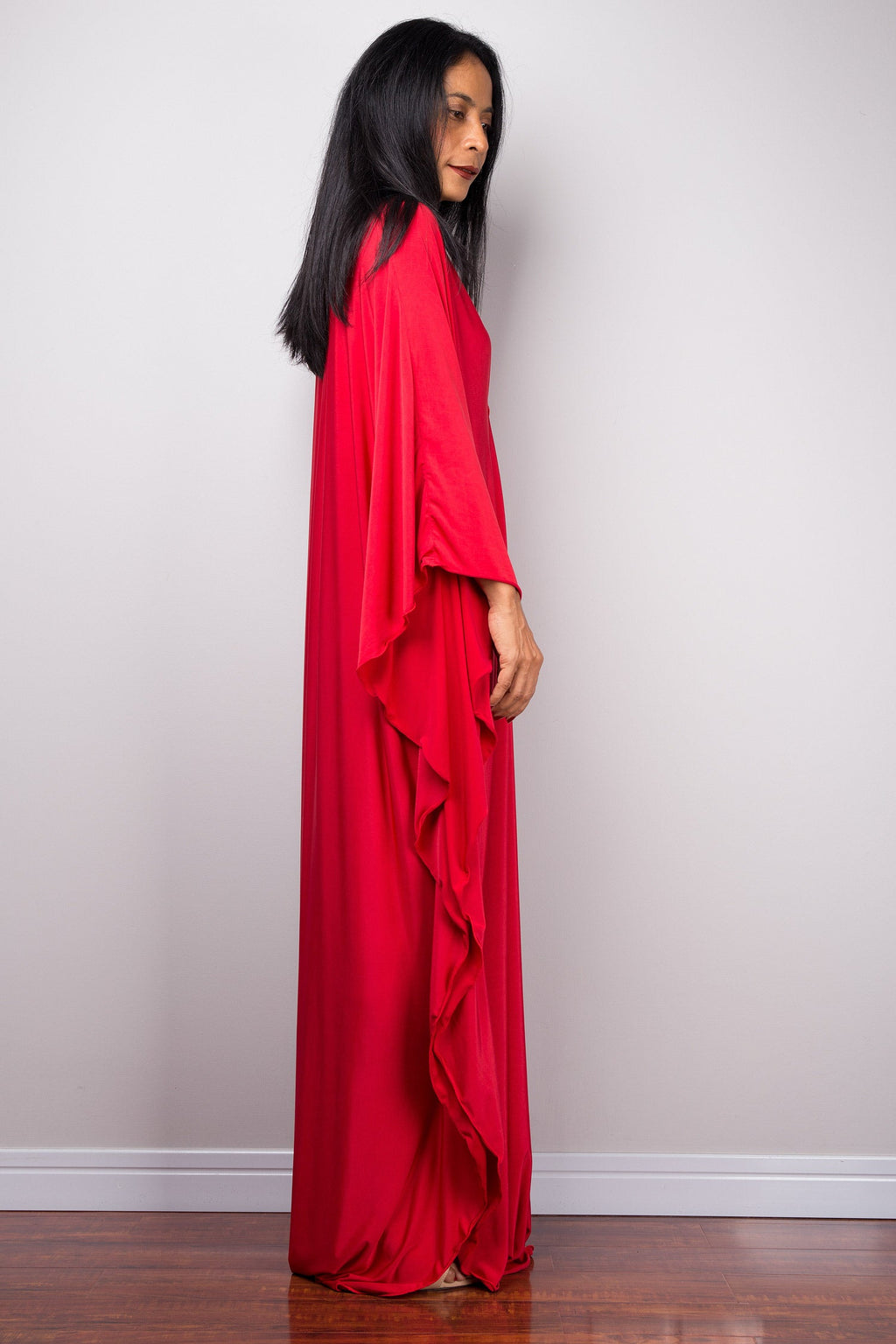 Red Kaftan Maxi Dress for Women — Butterfly Sleeves Braided Detail - gallery