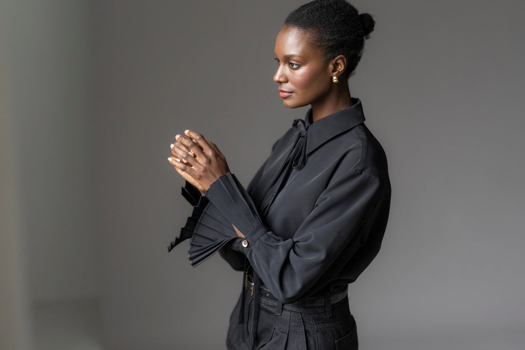 Black Crepe Oversized Blouse for Women — Exaggerated Pleated Cuffs
