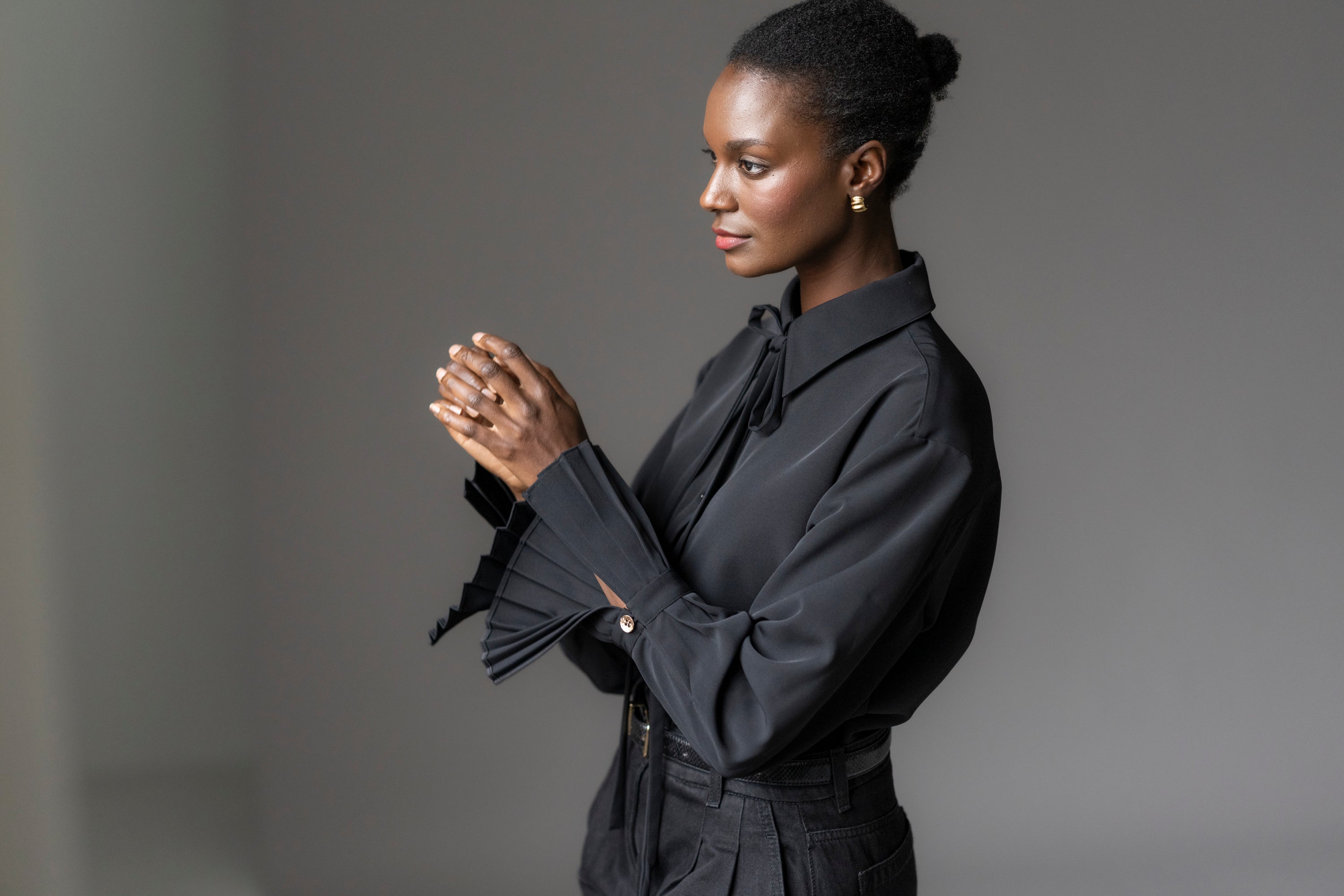 Black Crepe Oversized Blouse for Women — Exaggerated Pleated Cuffs