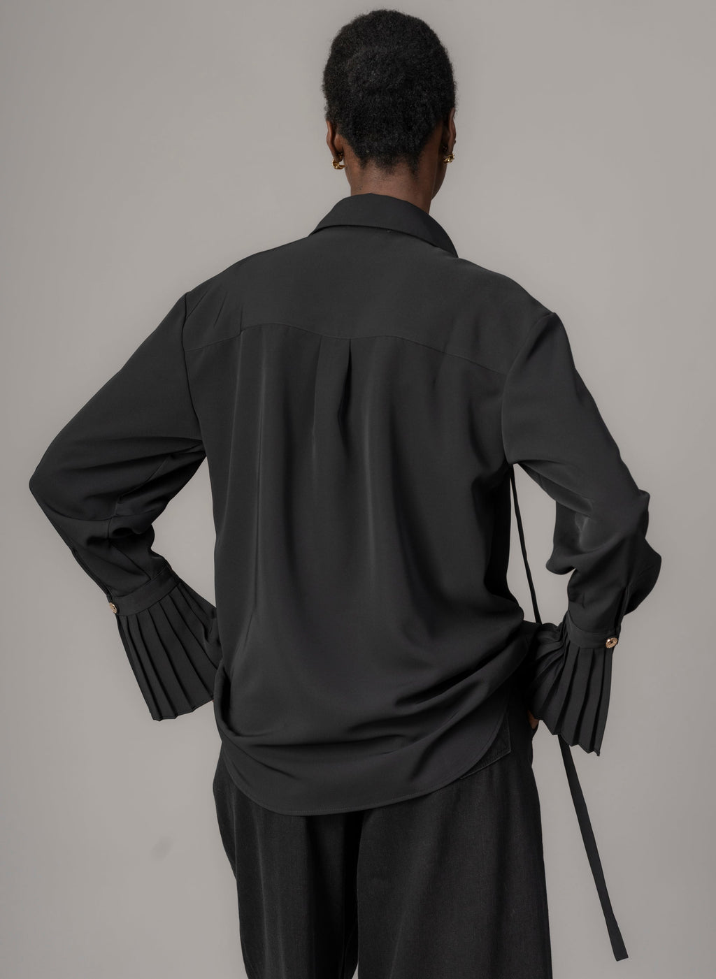 Black Crepe Oversized Blouse for Women — Exaggerated Pleated Cuffs - gallery