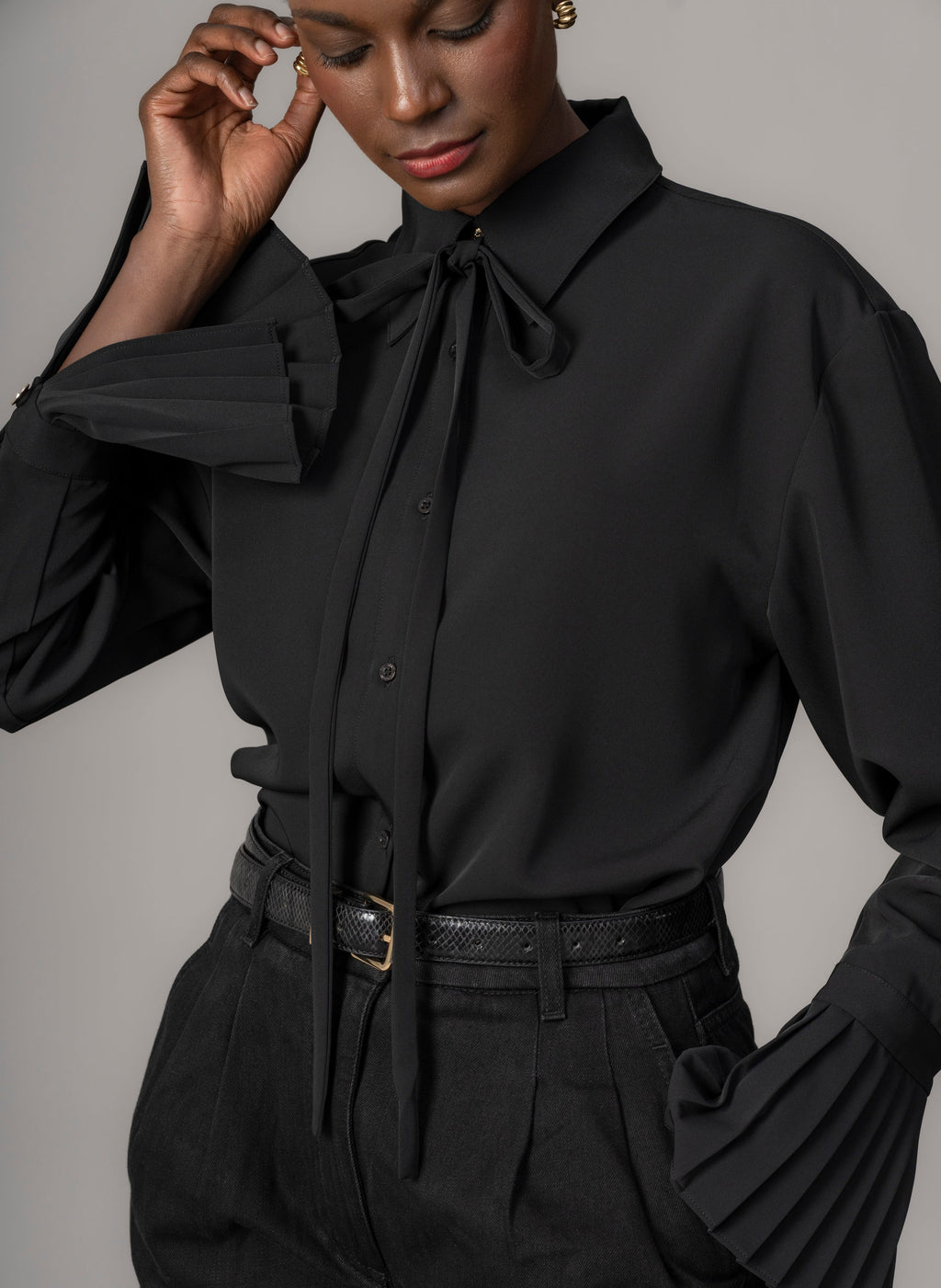 Black Crepe Oversized Blouse for Women — Exaggerated Pleated Cuffs - gallery