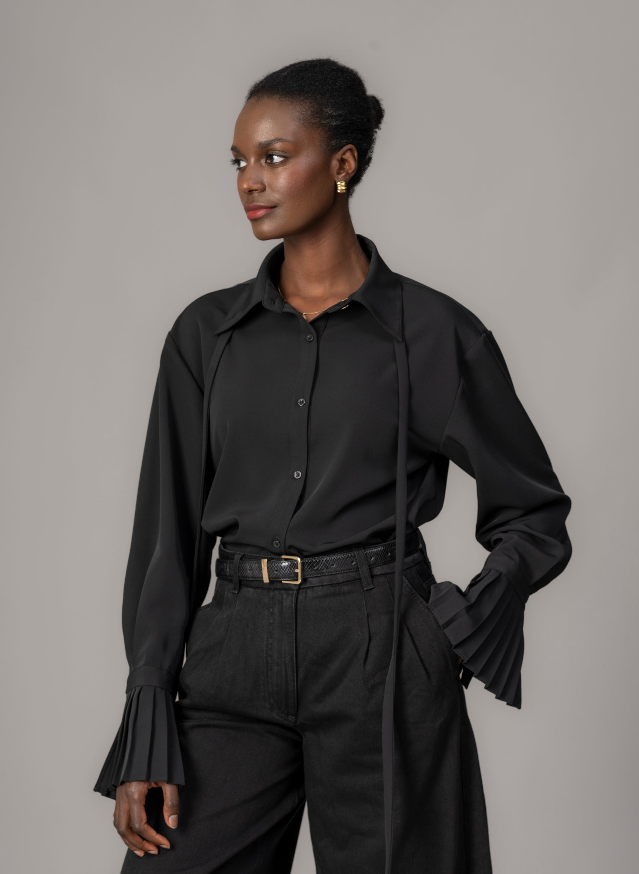 Black Crepe Oversized Blouse for Women — Exaggerated Pleated Cuffs - gallery
