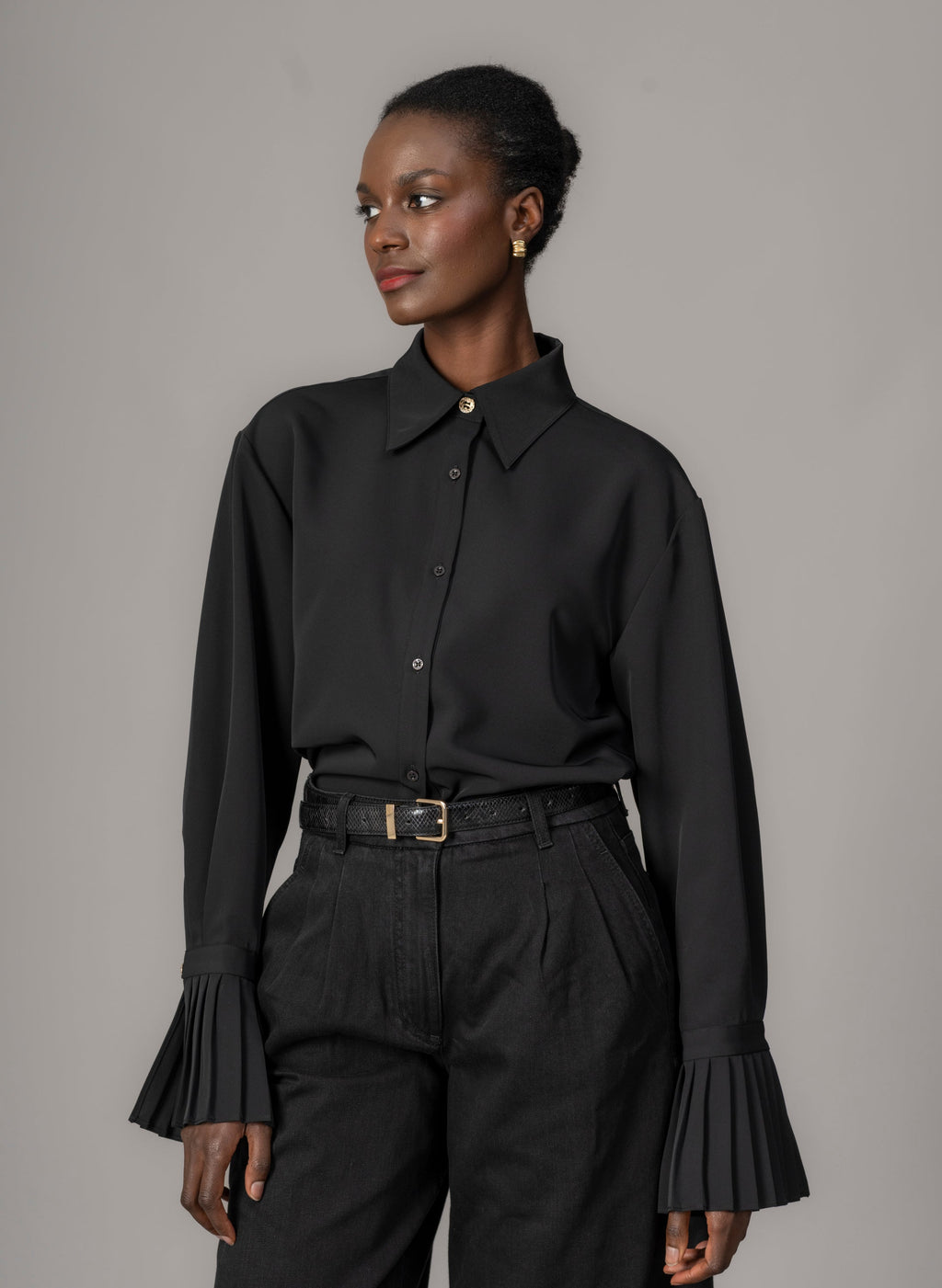 Black Crepe Oversized Blouse for Women — Exaggerated Pleated Cuffs - gallery