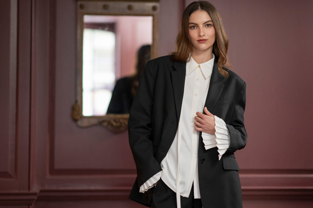 Ivory Crepe Oversized Blouse for Women — Exaggerated Pleated Cuffs