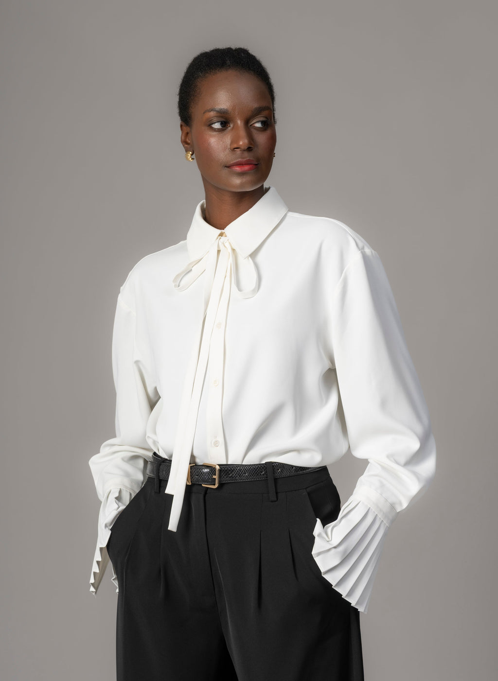 Ivory Crepe Oversized Blouse for Women — Exaggerated Pleated Cuffs - gallery