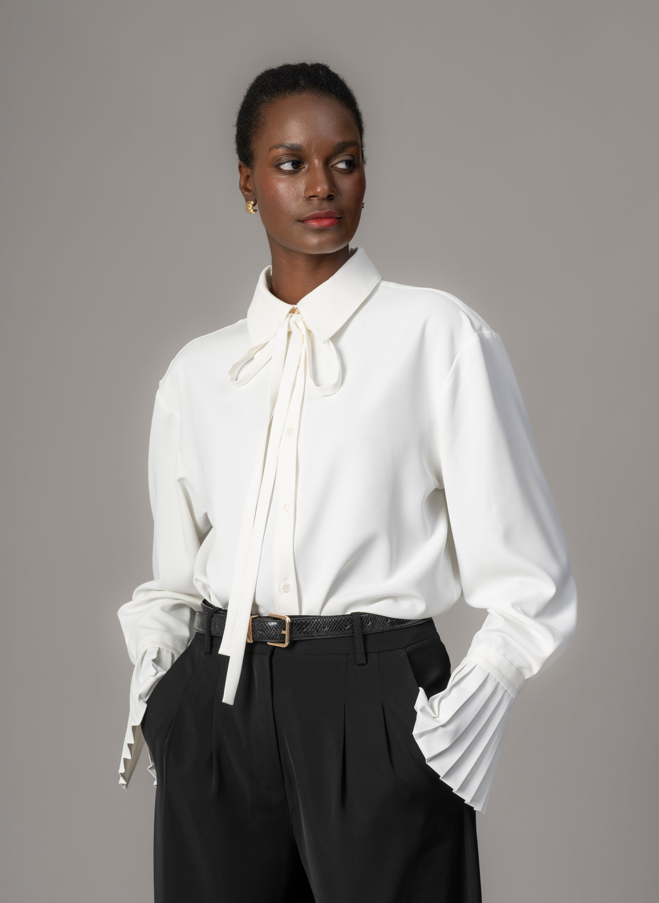 Ivory Crepe Oversized Blouse for Women — Exaggerated Pleated Cuffs - gallery