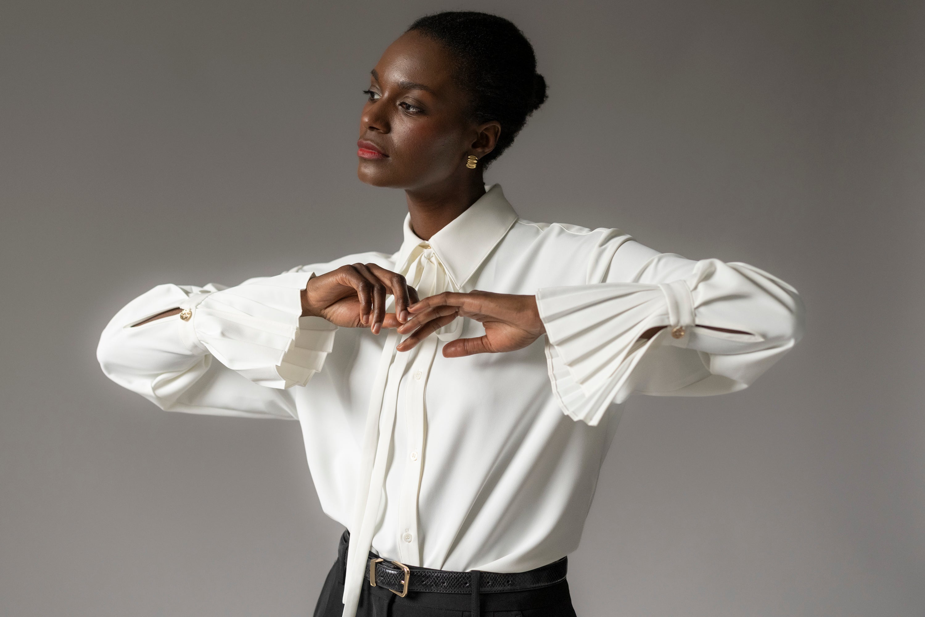 Ivory Crepe Oversized Blouse for Women — Exaggerated Pleated Cuffs - gallery