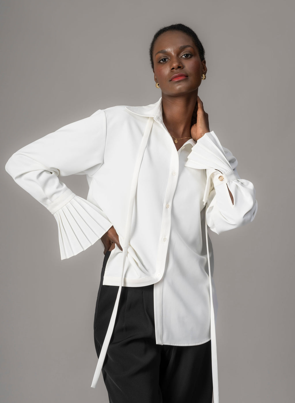 Ivory Crepe Oversized Blouse for Women — Exaggerated Pleated Cuffs - gallery