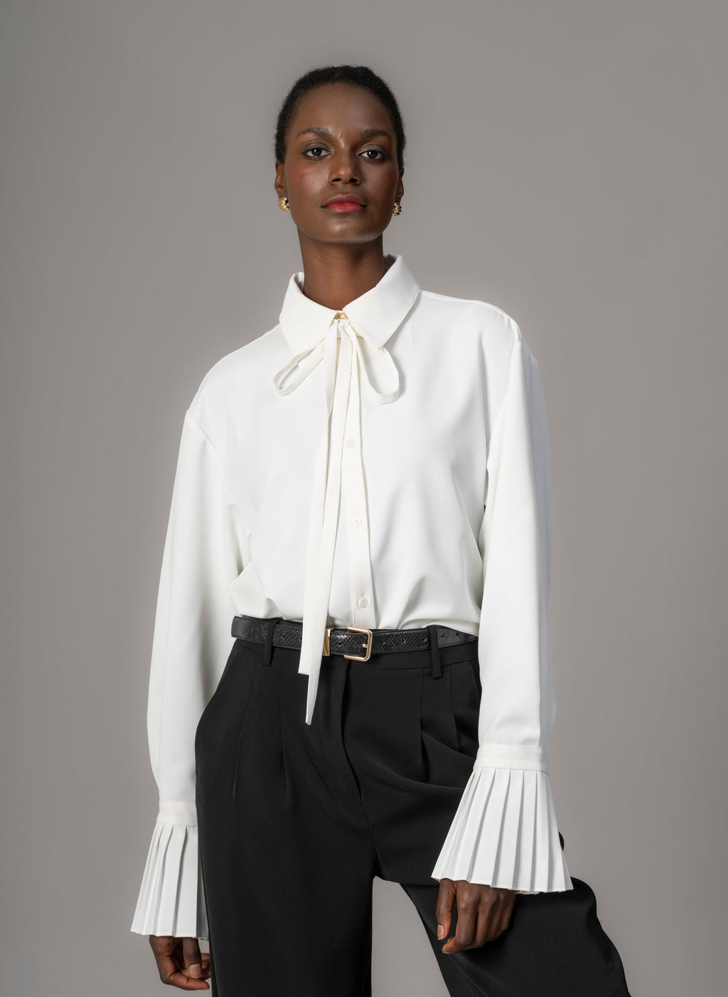 Ivory Crepe Oversized Blouse for Women — Exaggerated Pleated Cuffs - gallery