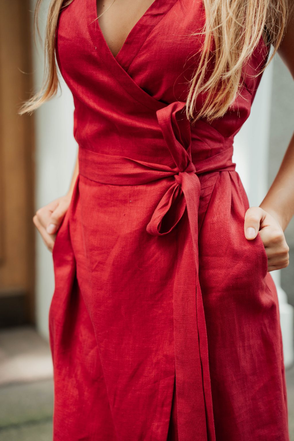 Garnet Linen Wrap Midi Dress for Women — Rich Warm Tones - gallery