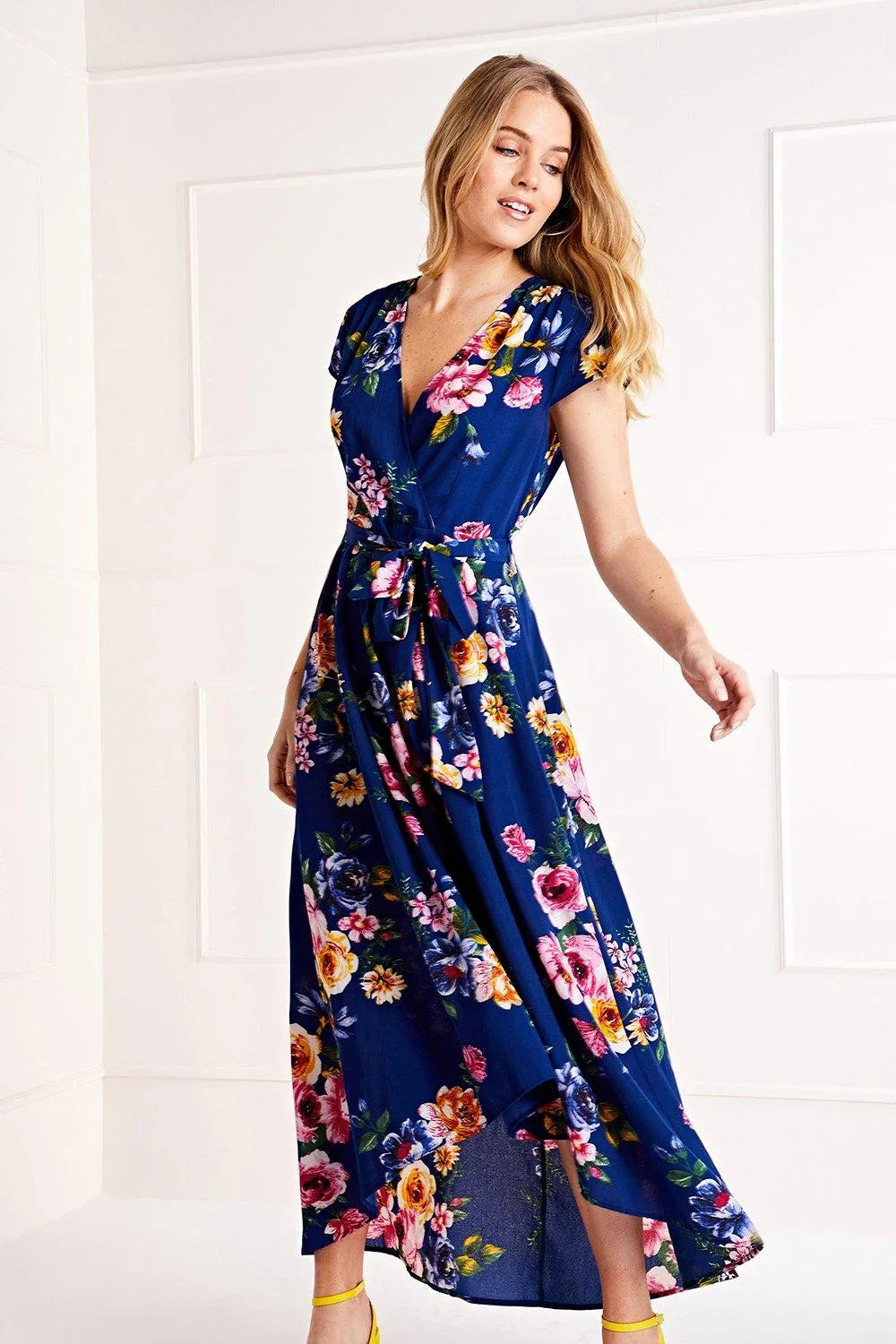 Blue Floral Wrap Midi Dress for Women — Dipped Hem Detail - gallery