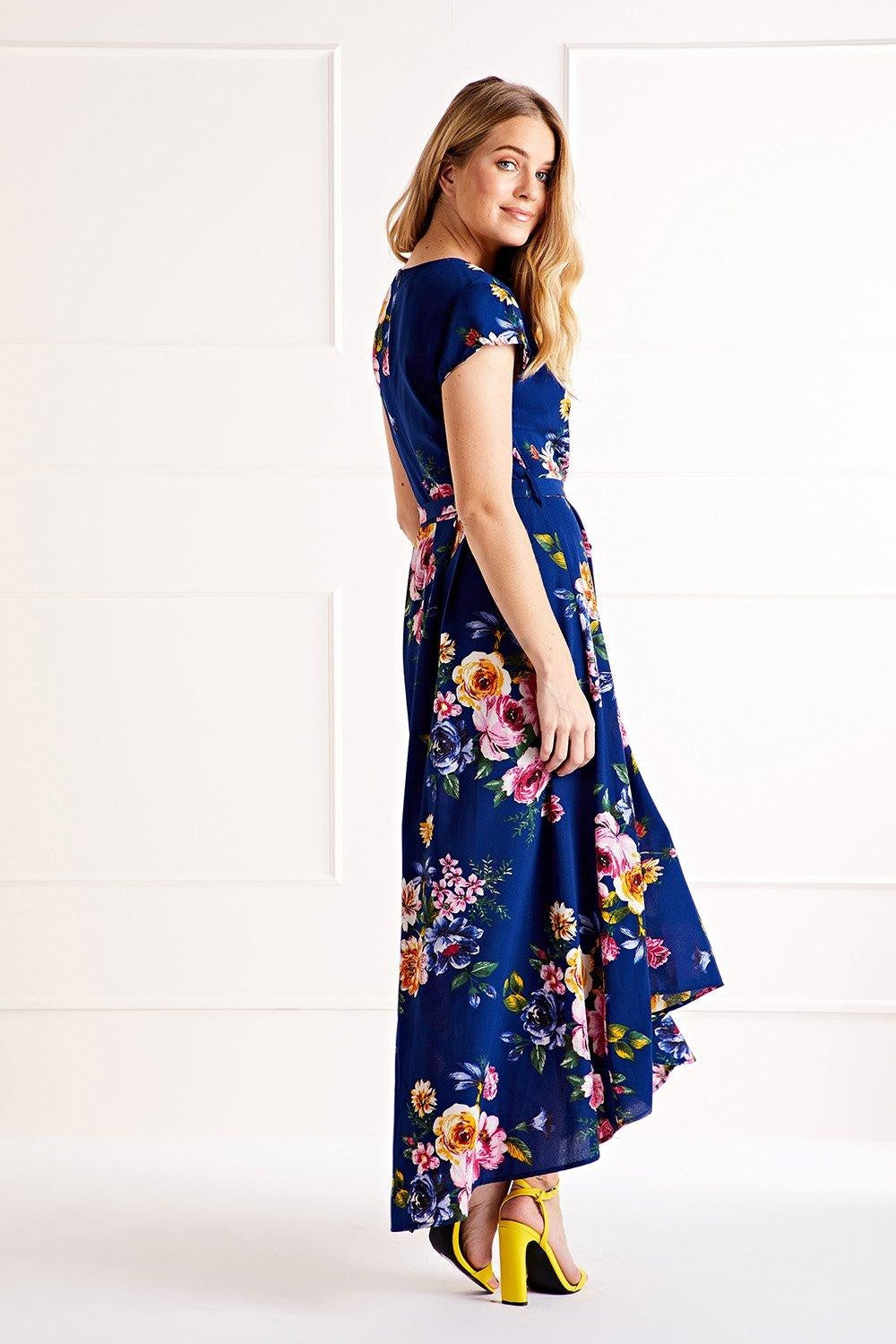 Blue Floral Wrap Midi Dress for Women — Dipped Hem Detail - gallery