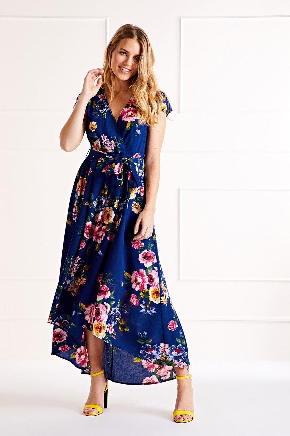 Blue Floral Wrap Midi Dress for Women — Dipped Hem Detail