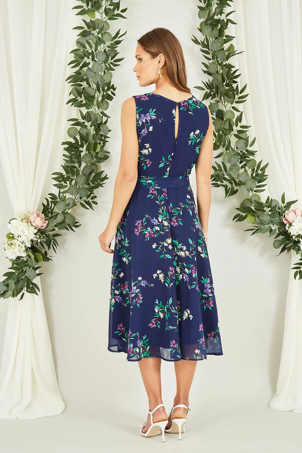 Navy Floral Print Midi Skater Dress for Women — Self-Tie Belt - gallery