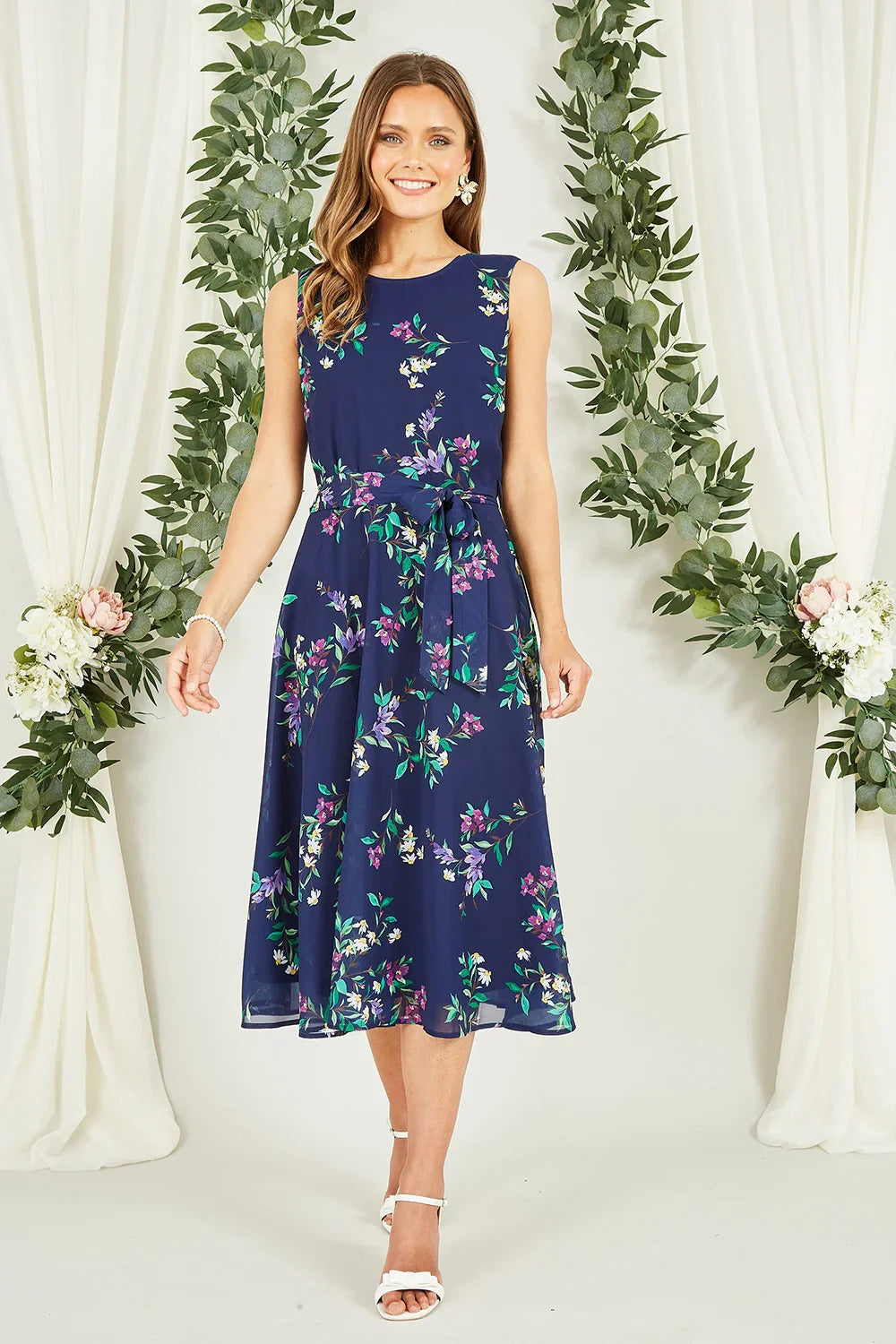 Navy Floral Print Midi Skater Dress for Women — Self-Tie Belt - gallery