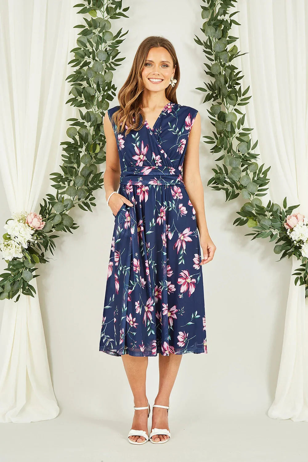 Navy Floral Mesh Stretch Midi Dress for Women — With Pockets - gallery