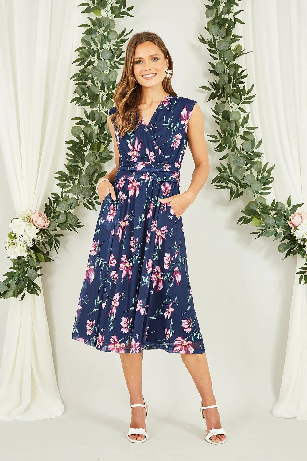 Navy Floral Mesh Stretch Midi Dress for Women — With Pockets - gallery