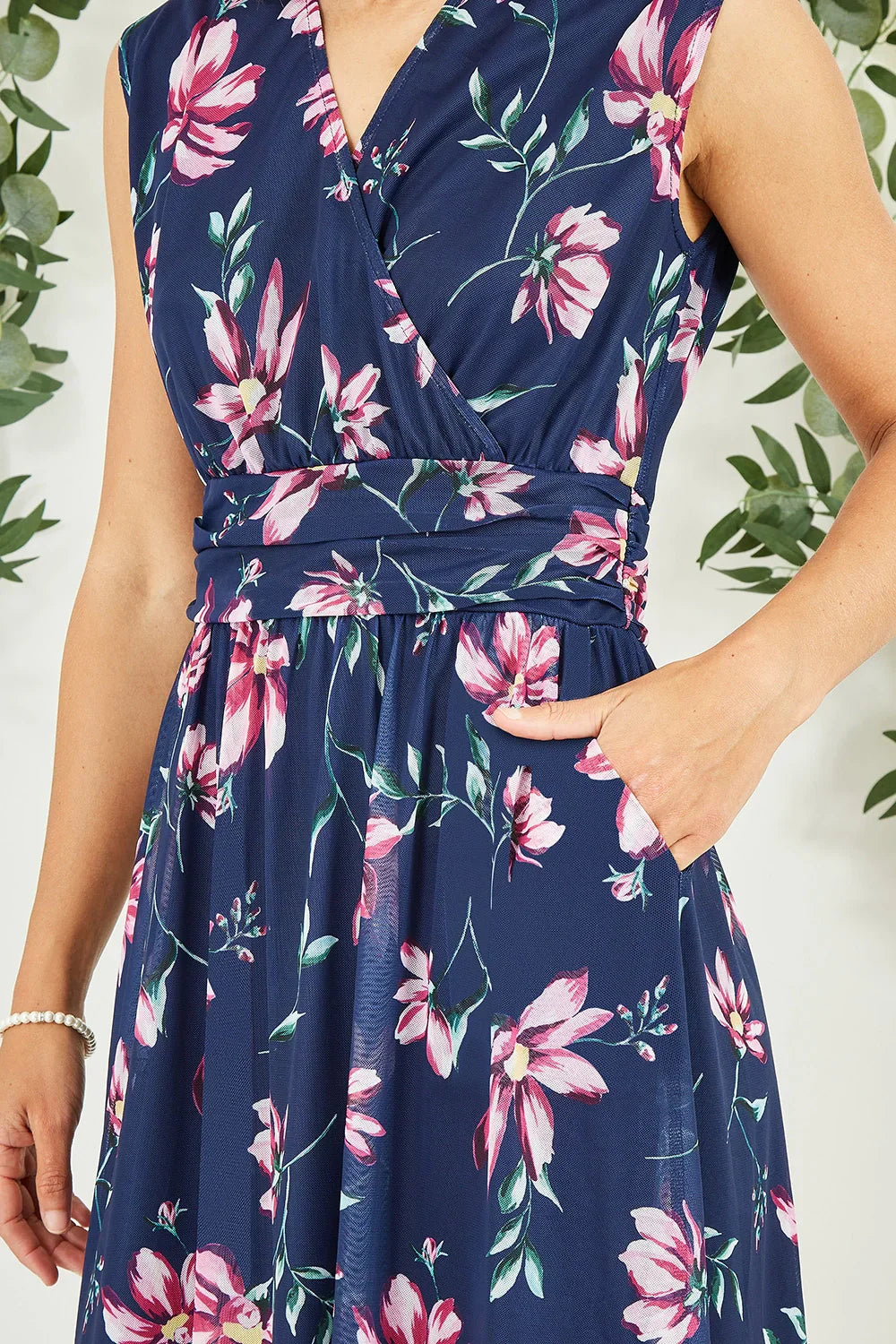 Navy Floral Mesh Stretch Midi Dress for Women — With Pockets - gallery