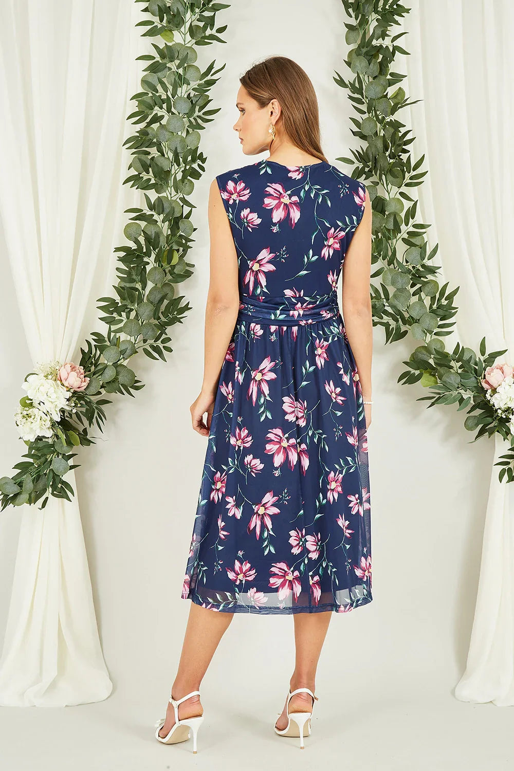 Navy Floral Mesh Stretch Midi Dress for Women — With Pockets - gallery