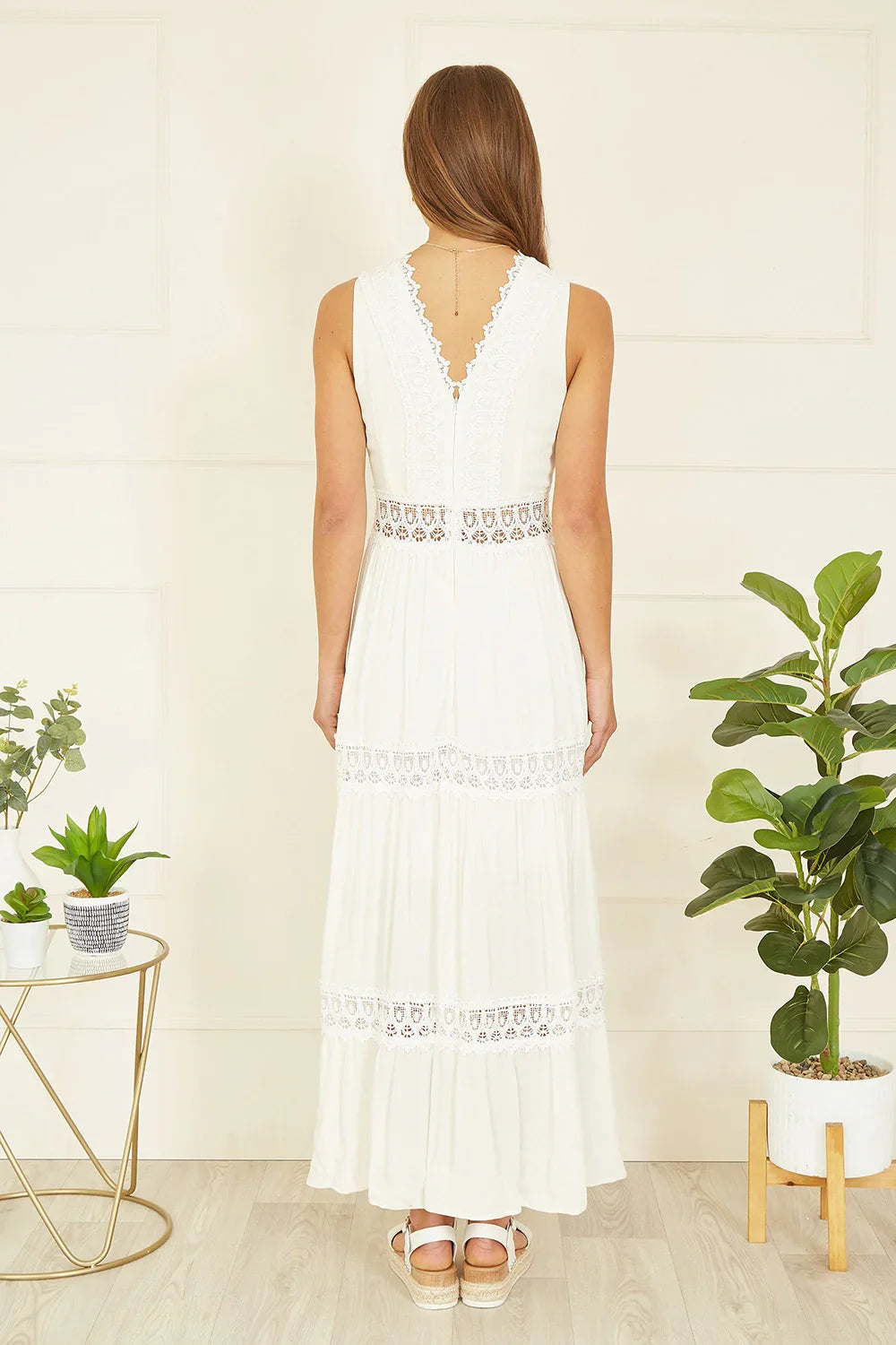 White Lace Trim Cotton Midi Sun Dress for Women — Cut-Out Detail - gallery