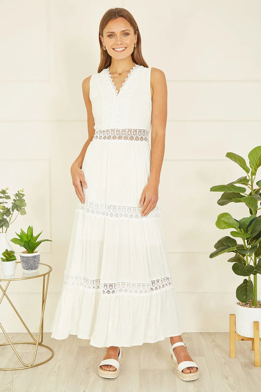White Lace Trim Cotton Midi Sun Dress for Women — Cut-Out Detail - gallery