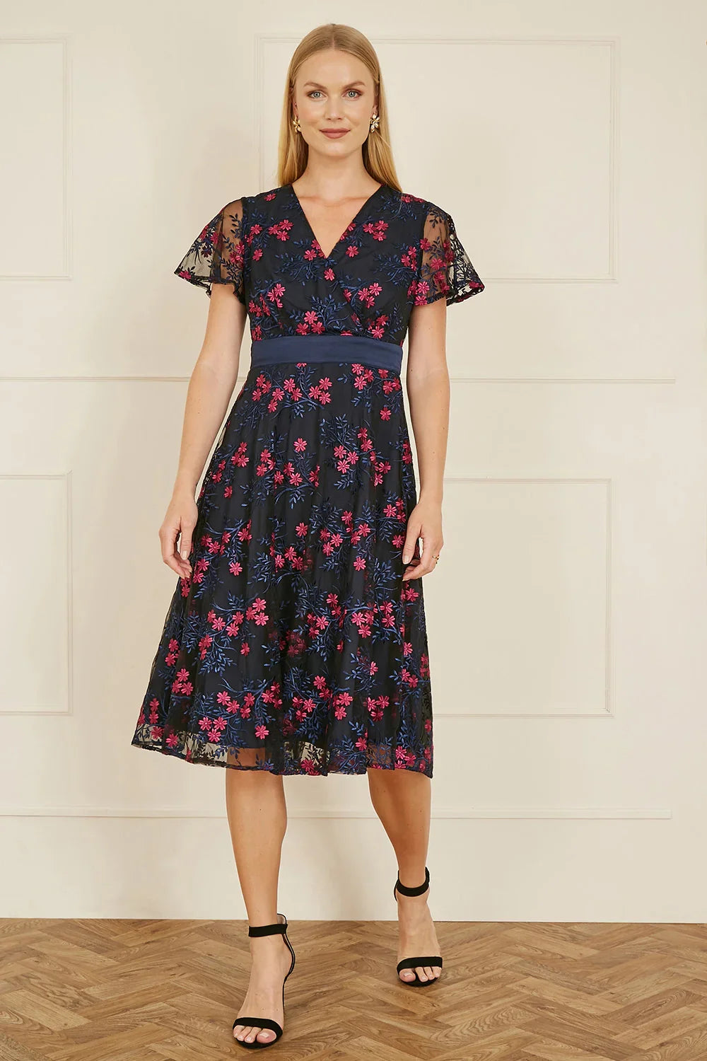 Navy Embroidered Floral Skater Dress for Women — Fit and Flare - gallery