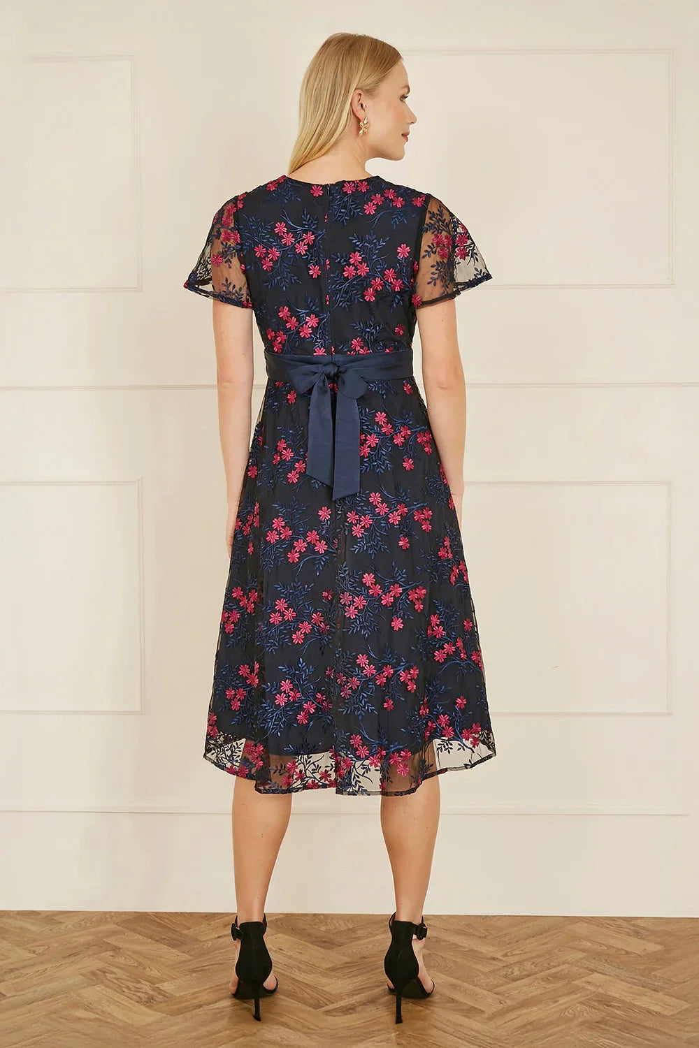 Navy Embroidered Floral Skater Dress for Women — Fit and Flare - gallery