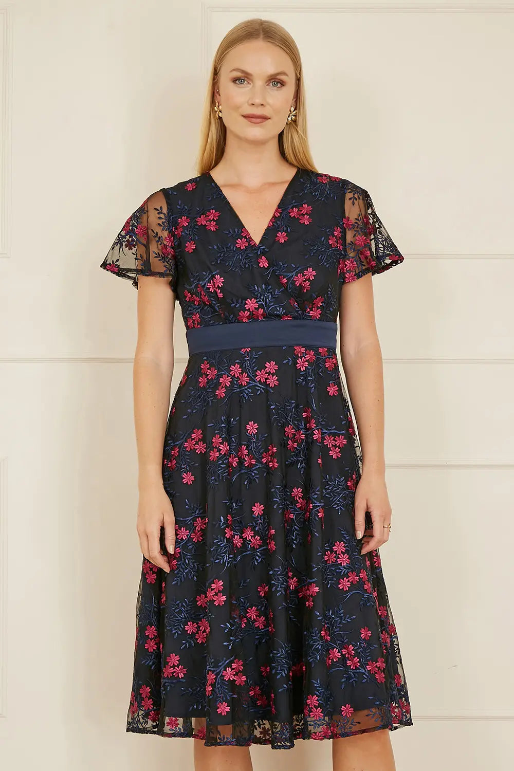 Navy Embroidered Floral Skater Dress for Women — Fit and Flare