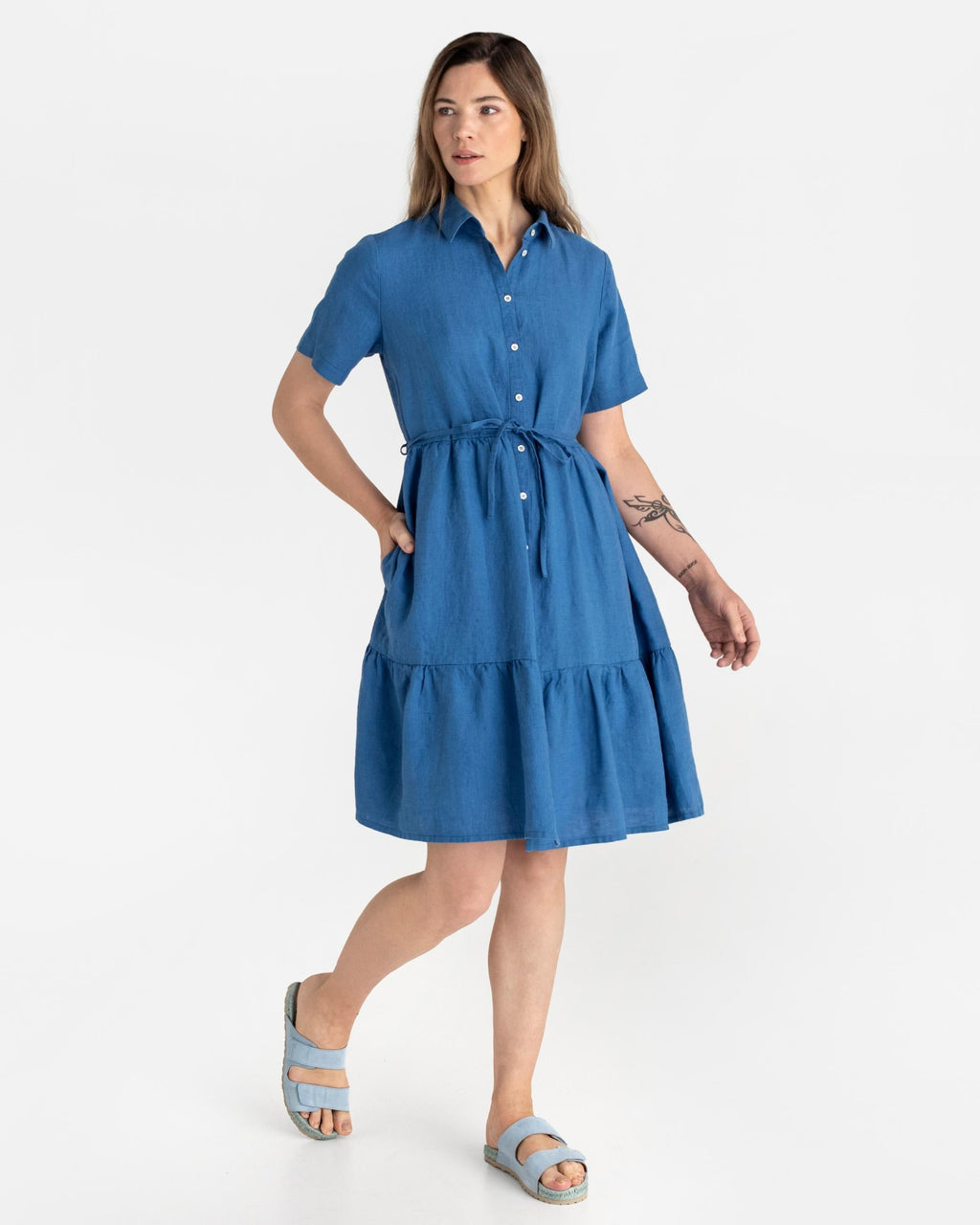 Tiered Linen Midi Dress in Cobalt Blue - gallery