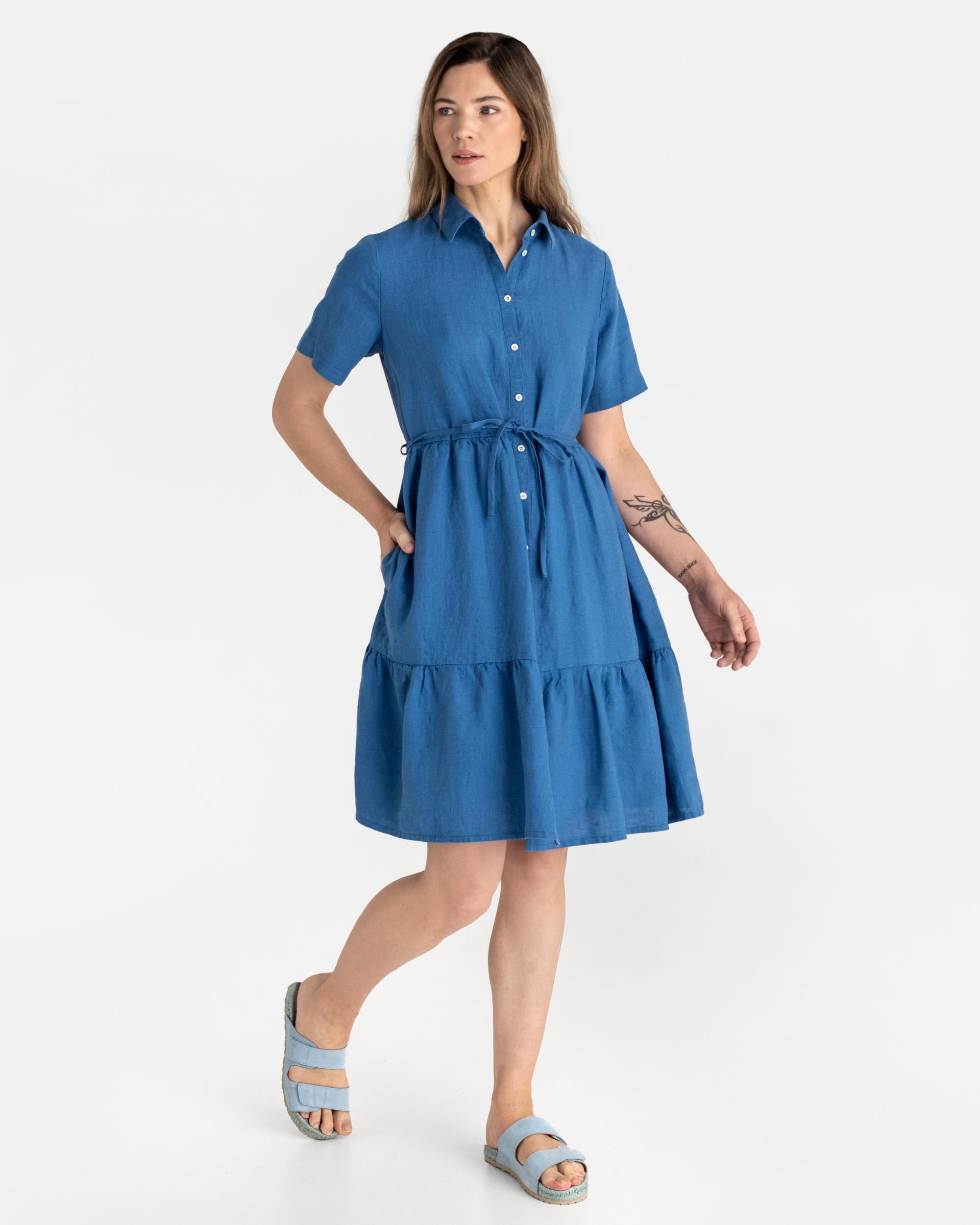 Tiered Linen Midi Dress in Cobalt Blue - gallery