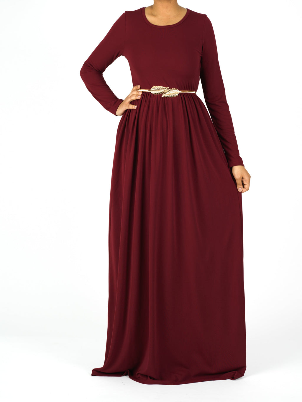 Maroon Silky Modest Maxi Dress for Women — Elastic Waist Pockets
