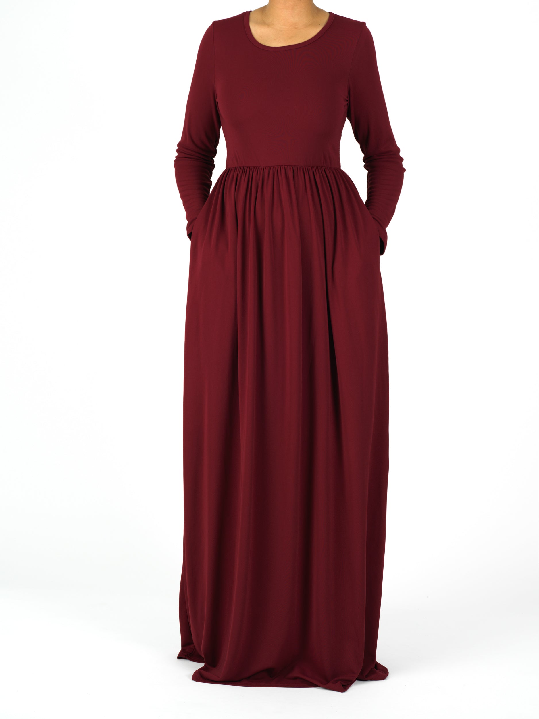 Maroon Silky Modest Maxi Dress for Women — Elastic Waist Pockets - gallery