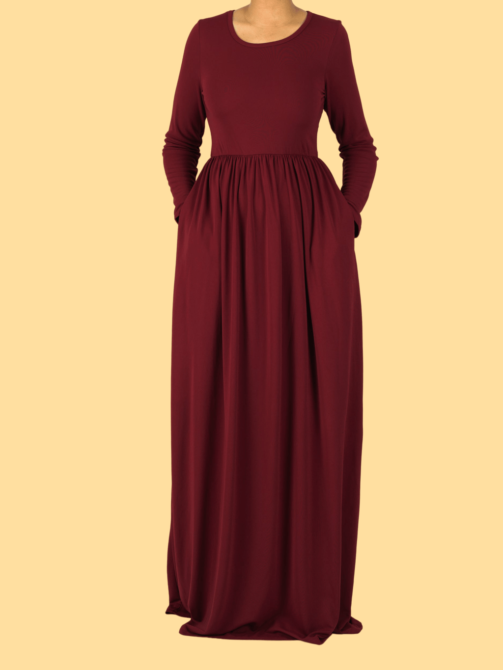 Maroon Silky Modest Maxi Dress for Women — Elastic Waist Pockets - gallery