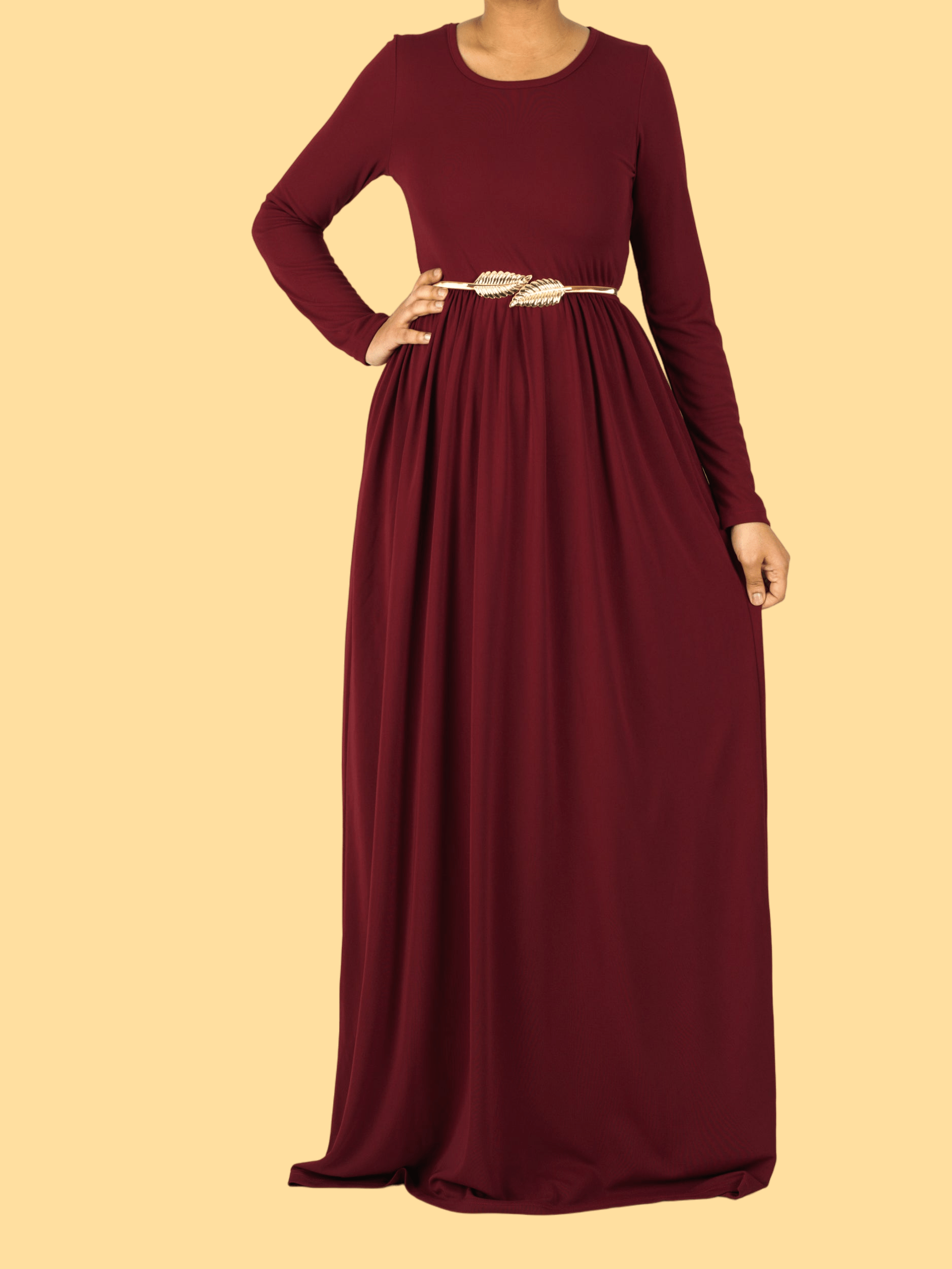 Maroon Silky Modest Maxi Dress for Women — Elastic Waist Pockets - gallery