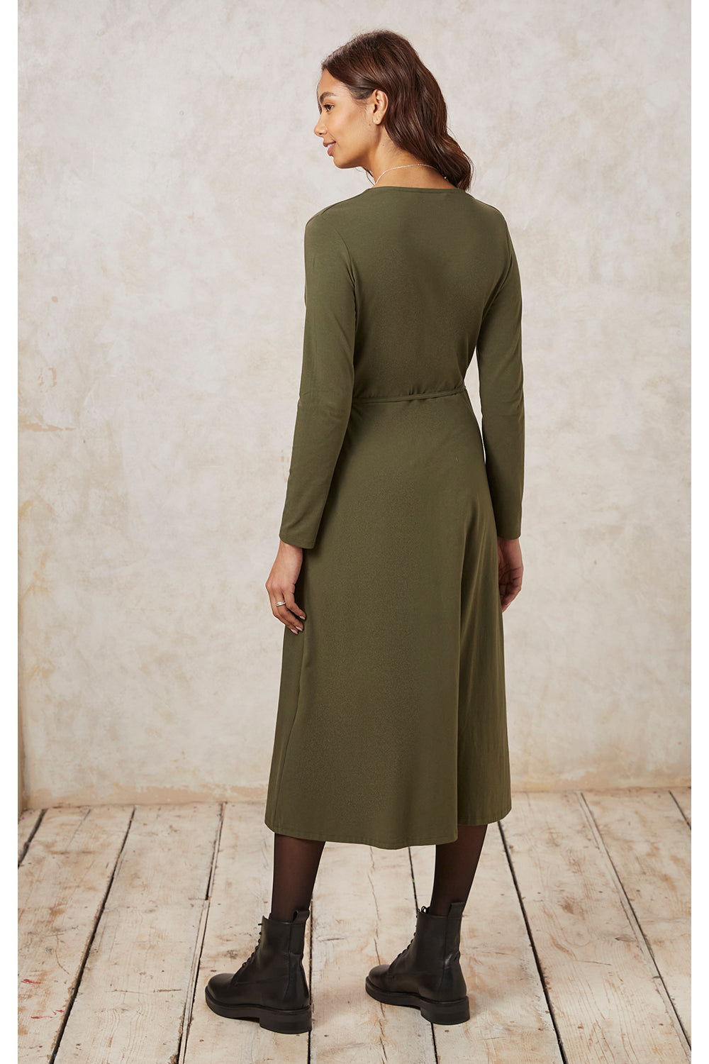 Khaki Organic Cotton Wrap Dress for Women — Belted V Neck Midi - gallery