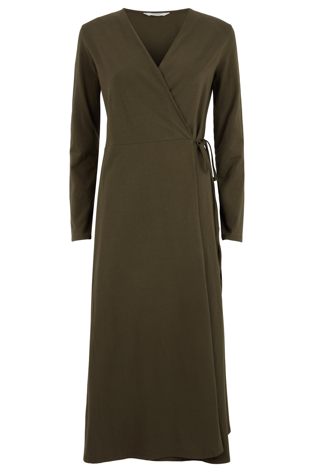Khaki Organic Cotton Wrap Dress for Women — Belted V Neck Midi - gallery